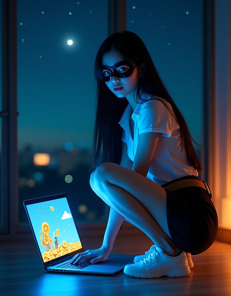 Korean-thai teenage girl group female singer, Thai university uniform, black tight slit mini skirt, starry sky, bright stars, slim and perfect figure, medium breasts, emphasize on breasts and hip and bottoms and thigh, rule of thirds, white tight between cap-sleeve and short-sleeve button up shirt for woman, white sneakers, brown suede belt, silver modern canvas belt buckle, silver shirt buttons, black long straight messy hair, beautiful face, dynamic compositions, squating:1.4’ slender, the laptop is opened 180 degree and put on the floor:1.4, in the dark room, blue water in the laptop screen:1.4, blue light tone, orange highlight, put on the thief mask:1.4, bad guy smiling face expression:1.4, using the fishing rod to get gold coins from laptop screen:1.4, a lot of gold coin come out from laptop screen, hyper-realistic