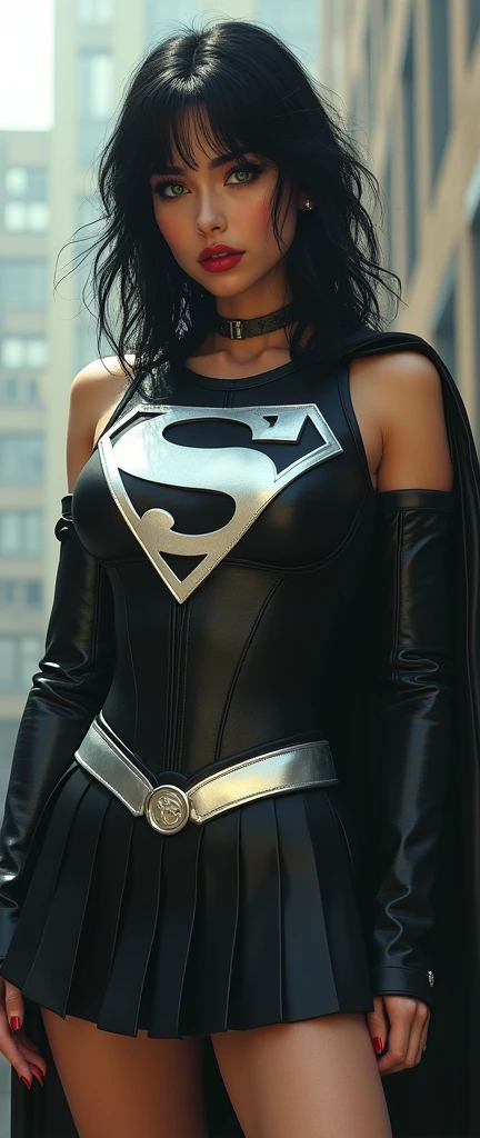A BUSTY SEXY FEMALE WITH MEDIUM LONG MESSY BLACK HAIR, DREAMY GREEN EYES, WEARING A ONE PIECE BLACK SUPERGIRL TOP WITH A BIG SHINY SILVER "S" EMBLEM ON HER CHEST, A PLEATED SHORT BLACK SKIRT WITH A SILVER LEATHER BELT, LONG BLACK BOOTS WITH SILVER TRIM, AND A LONG BLACK CAPE. RED LIPSTICK, RED FINGERNAILS. INCREDIBLY DETAILED PALE WHITE SKIN, INCREDIBLEY DETAILED FACE, INCREDIDBLEY DETAILED CLOTHING, TEXTURED SKIN PORES, TEXTURED HAIR, 8K ABSURD RESOLUTION, MASTERPIECE. PHOTO REALSITIC, HYPER REALISTIC. CHAOTIC BACKGROUND. 16K RESOLUTION. PREFESSIONAL GRADE IMAGE.