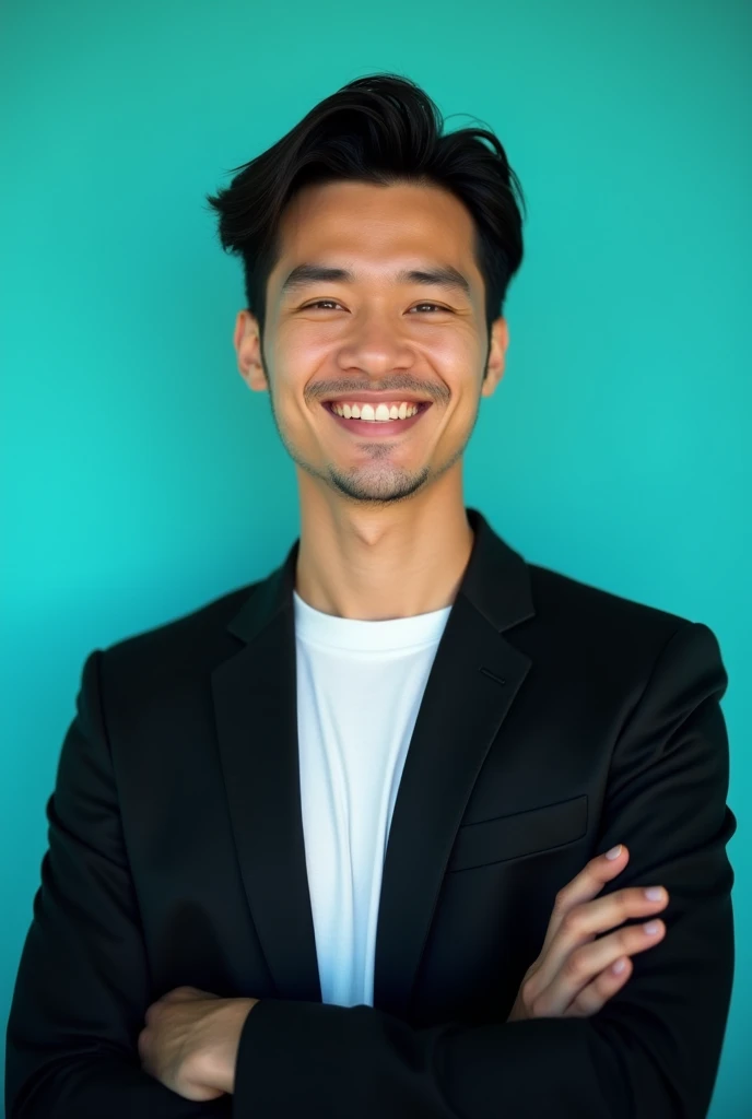 A young man with dark hair and a confident smile. He is dressed in a black blazer over a white shirt. The man is positioned against aqua colour backdr