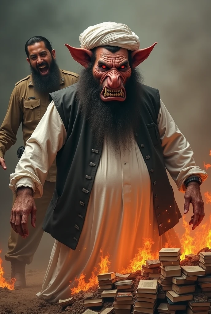 Armed Taliban leader , big red eyes, angry pig face, big bearded, dirty donkey teeth, wearing white Afghan dress and black waist coat with white Afghan turban, donkey tail, having big bull belly, is burning a big book pile. And a laughing Satan in Pakistani army dress is standing behind