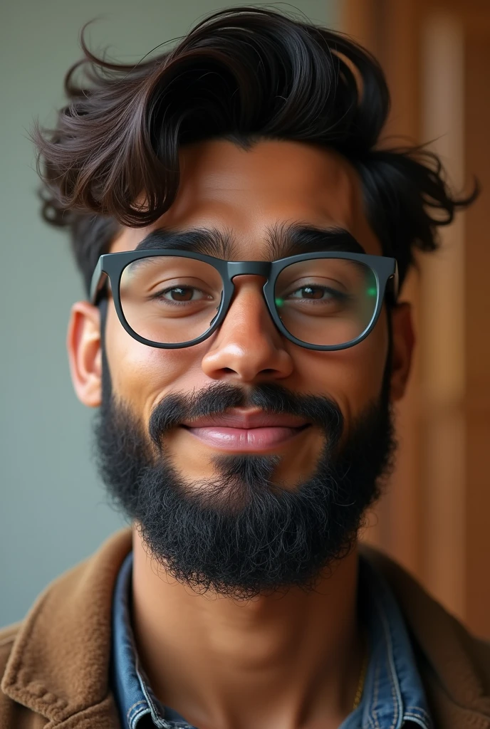 A boy,22 age,curvy 8inch long beared, moustaches, brown skin,eyesight gray frame glasses, straight hair