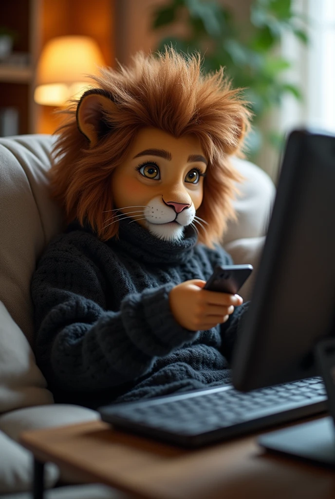 A young human lion dressed in a black sweater, sitting on the couch in his house with a phone in his hand editing videos and a computer on the table. 