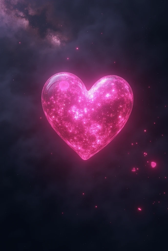 Dark universe with a pink heart shaped planet that glows in the dark