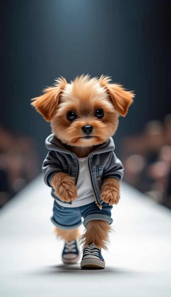 A cute puppy walking on the catwalk, Facial expressions are very cool and charming, Very confident wearing fashionable sportswear with denim shorts,Sneakers on the catwalk，The background is the catwalk.HD camera captures scene images.