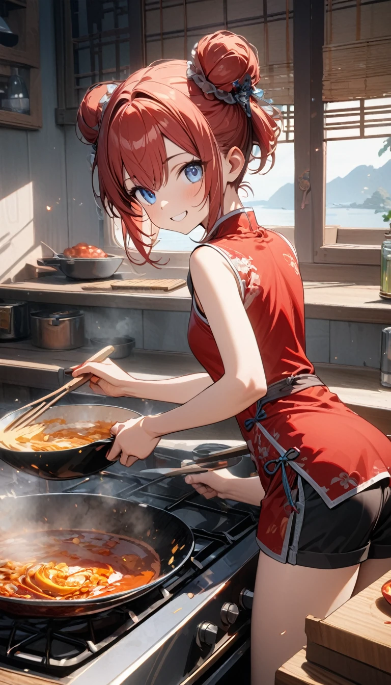 young girl, short red hair, two buns, blue eyes, smile, red Chinese dress, sleeveless, shorts, cooking, Masterpiece, best quality, Full HD, 8k, ultra details, great graphic