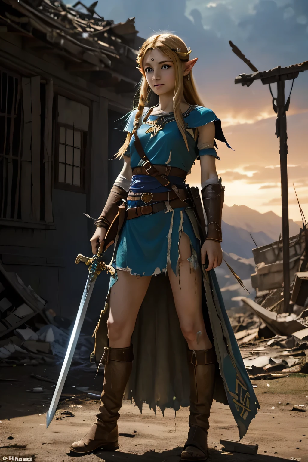 In a world ravaged by war, a battle-worn princess Zelda stands as a beacon of hope. Her torn and tattered clothing is a reminder of the sacrifices she has made, and her sword of light is a symbol of her unwavering courage