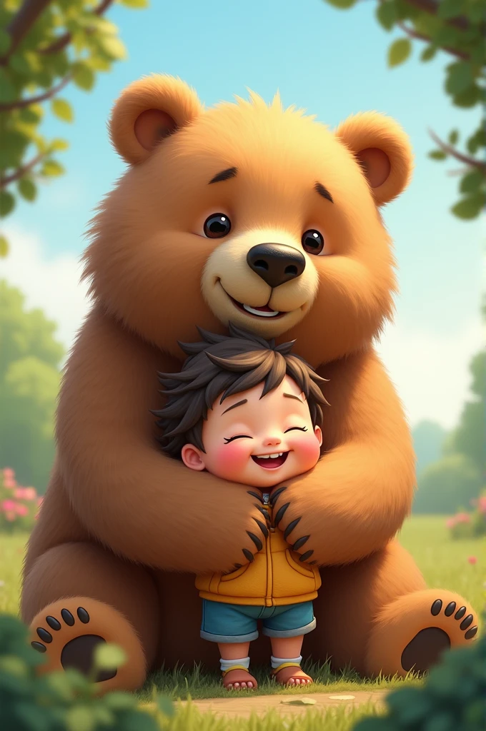 A cute hugging a bear