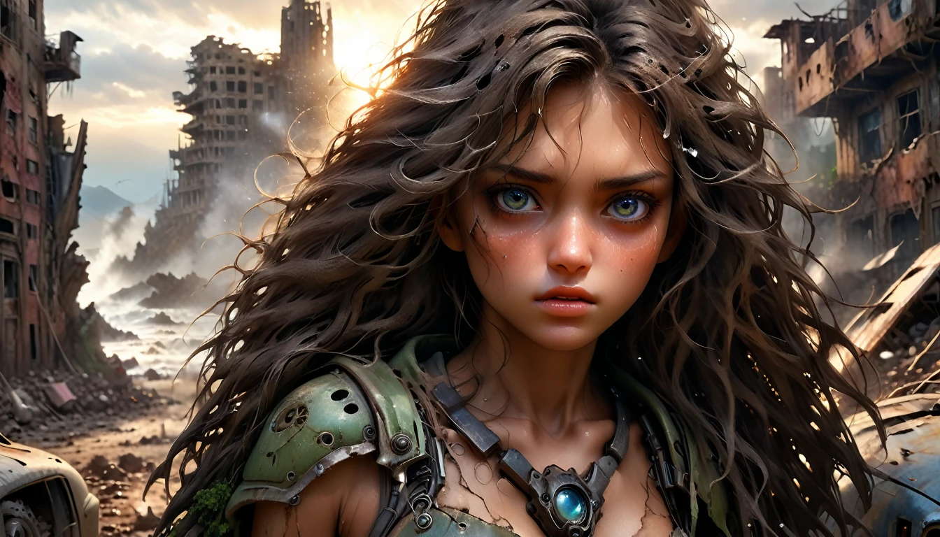 (((ultra realistic))) Photo, masterpiece, top quality, (sun tanned skin), (Ultra detailed face and eyes:1.3), 30 year old woman, A highly detailed photorealistic image, beautiful woman in the post-apocalyptic setting, torn dress, searching for love, detailed face, delicate features, big expressive eyes, lush flowing hair, dramatic lighting, highly detailed, cinematic, photorealistic, 8k, intricate, masterpiece, ruined_cityscape, distant_character, wasteland