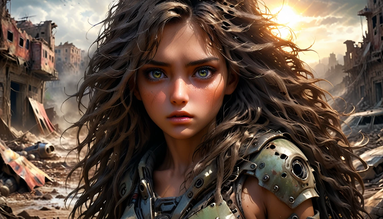 (((ultra realistic))) Photo, masterpiece, top quality, (sun tanned skin), (Ultra detailed face and eyes:1.3), 30 year old woman, A highly detailed photorealistic image, beautiful woman in the post-apocalyptic setting, torn dress, searching for love, detailed face, delicate features, big expressive eyes, lush flowing hair, dramatic lighting, highly detailed, cinematic, photorealistic, 8k, intricate, masterpiece, ruined_cityscape, distant_character, wasteland