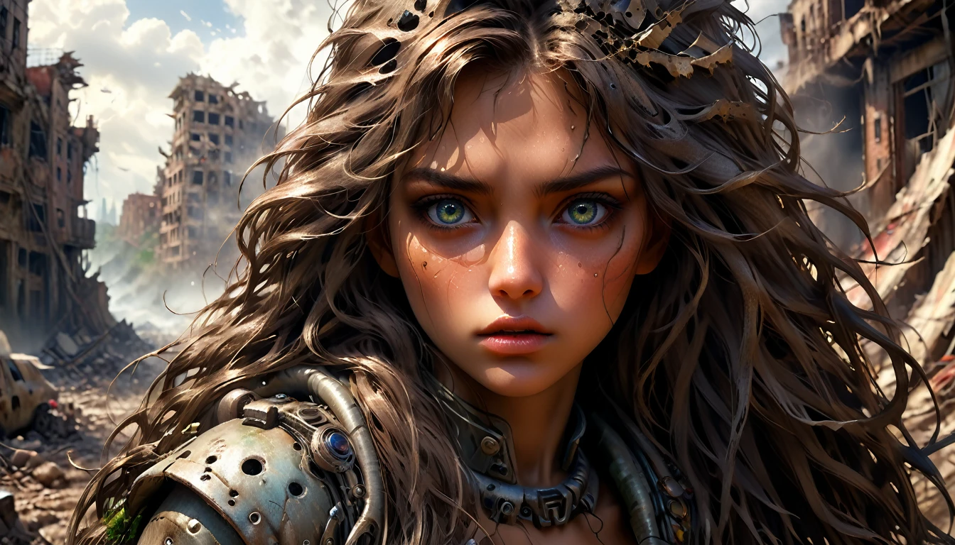 (((ultra realistic))) Photo, masterpiece, top quality, (sun tanned skin), (Ultra detailed face and eyes:1.3), 30 year old woman, A highly detailed photorealistic image, beautiful woman in the post-apocalyptic setting, torn dress, searching for love, detailed face, delicate features, big expressive eyes, lush flowing hair, dramatic lighting, highly detailed, cinematic, photorealistic, 8k, intricate, masterpiece, ruined_cityscape, distant_character, wasteland