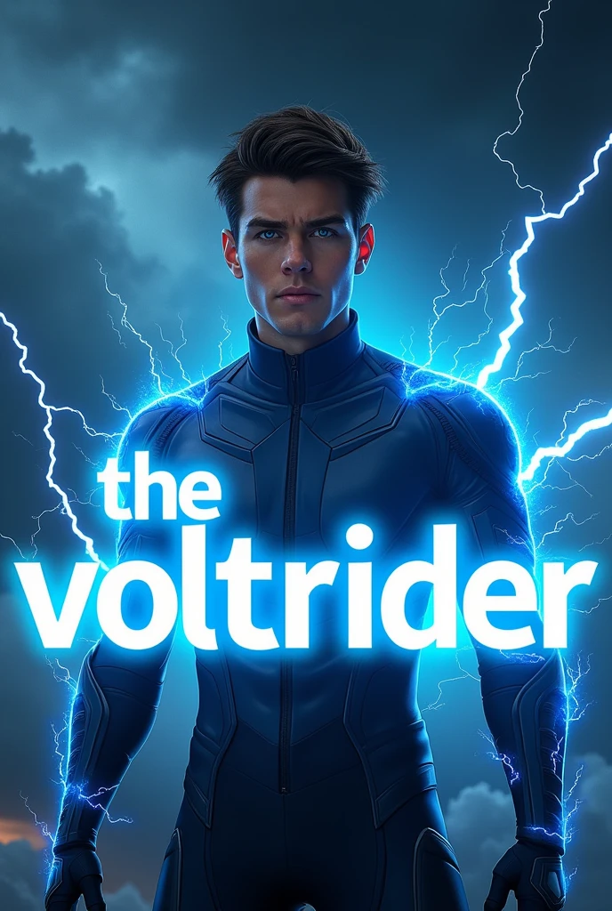 "Design a powerful and dynamic YouTube banner featuring Zane Draven as Voltrider. Zane, a strikingly handsome young man in his early 20s, stands heroically behind the bold text 'THE VOLTRIDER.' His short, tousled brown hair subtly glows, and his vivid blue eyes shine with intense energy. Zane is dressed in his sleek, futuristic Voltrider suit with glowing blue accents that pulse with electric energy. Surrounding him are dynamic electric waves, crackling with power, adding a sense of motion and intensity. The background is filled with dark, dramatic lightning clouds, blending shades of deep blue and grey to create a stormy, electrifying atmosphere. The text 'THE VOLTRIDER' is in a bold, neon-lit font with a glowing blue effect, positioned in front of Zane to highlight his powerful presence as the central figure. The overall design captures the essence of electricity, power, and heroism."