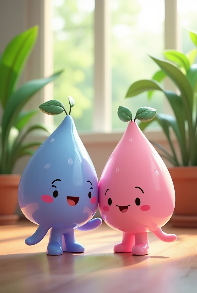 Create an image of two adorable, cartoonish rain water characters, one purple and one pink, both with cheerful smiles and tiny arms and legs. They have glossy, semi-transparent surfaces with tiny water droplets, and each has a small leaf on top. The background features a bright and airy indoor setting with green plants and soft natural light, creating a cozy atmosphere. The scene conveys a sense of happiness and friendship, with a gentle bokeh effect in the background.