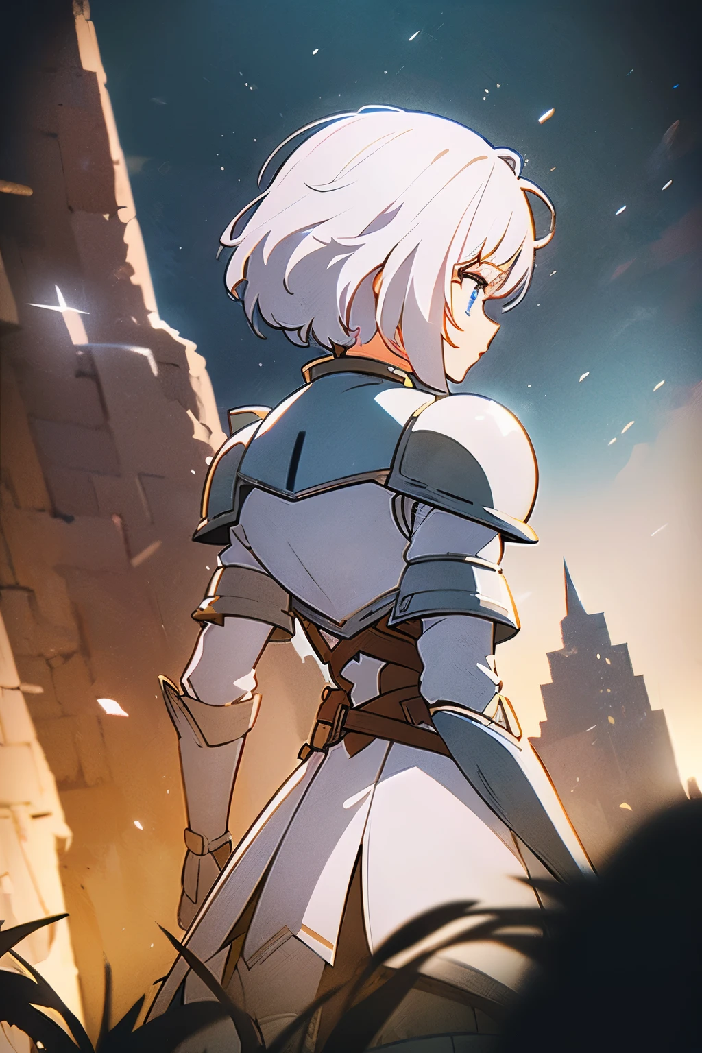 ((ultra-detailed)), (beautiful detailed eyes), (1girl), full body, knight, armour, light hair, expressive eyes, perfect face, Girl: (20s, white hair, short hair, white jumpsuit, grey and blue armour, black gloves, knee boots, white pants), dungeon, brick floor, stone floor, underground, moss, walking, armored leotard, back, back focus, back view, retro anime, (cinematic lighting), (illustration), anime, (masterpiece))), (((best quality))), best quality