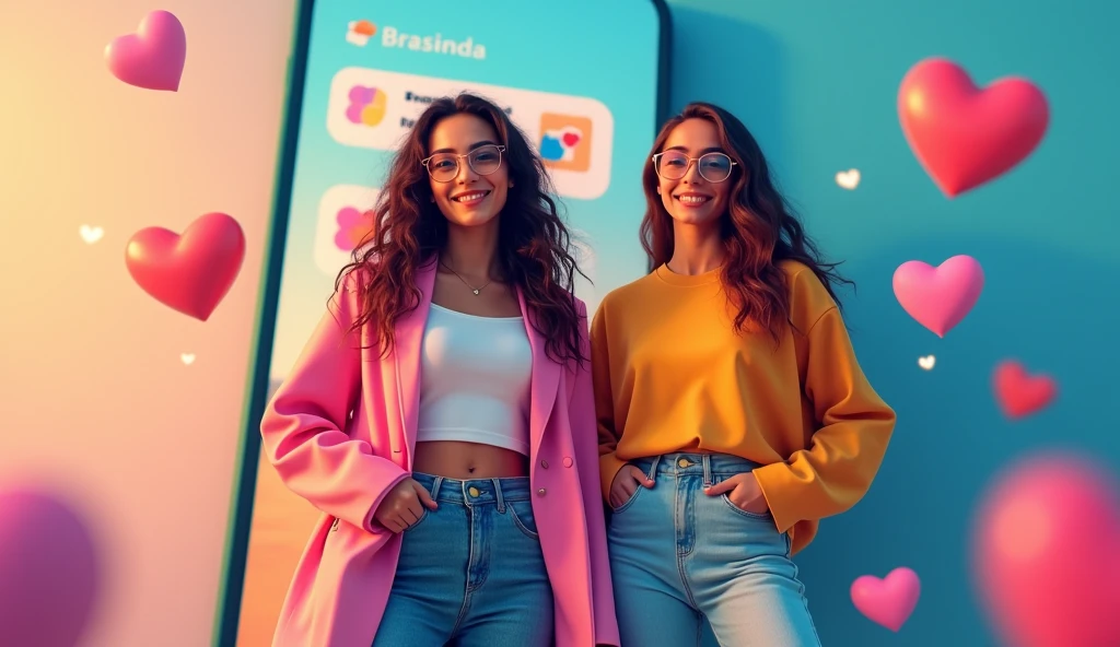 banner image, for a virtual service app, featuring 2 beautiful brazilian white woman in cute fashionable "girlfriend" like clothes, standing side to side to real life size mobile phone displaying the app. lots of hearts emojis and message icons flying around in the foreground