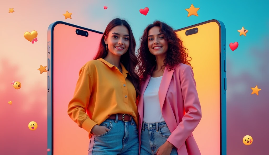 banner image, for a virtual service app, featuring 2 beautiful brazilian white woman in cute fashionable "girlfriend" like clothes, standing side to side to real life size mobile phone displaying the app. lots of hearts emojis and message icons flying around in the foreground