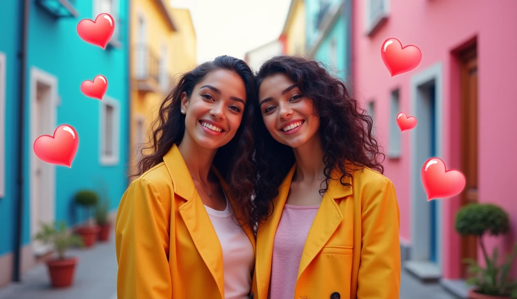 banner image, for a virtual service app, featuring 2 beautiful brazilian white woman in cute fashionable "girlfriend" like clothes, standing side to side to real life size mobile phone displaying the app. lots of hearts emojis and message icons flying around in the foreground