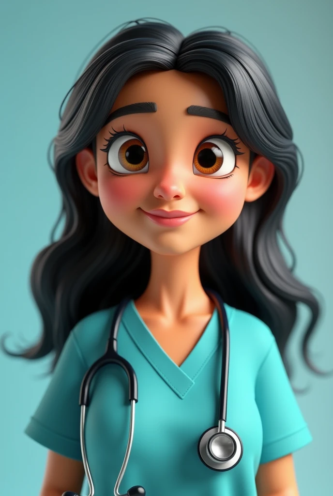 Animated 3d Kind plump middle aged Spanish woman with dark caramel skin and long kinky black hair and brown eyes wearing aqua blue doctors scrubs and a stethoscope 