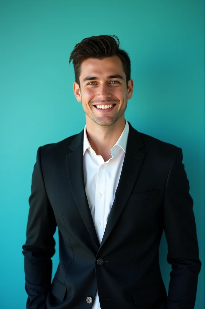A young man with dark hair and a confident smile. He is dressed in a black blazer over a white shirt. The man is positioned against aqua colour backdr