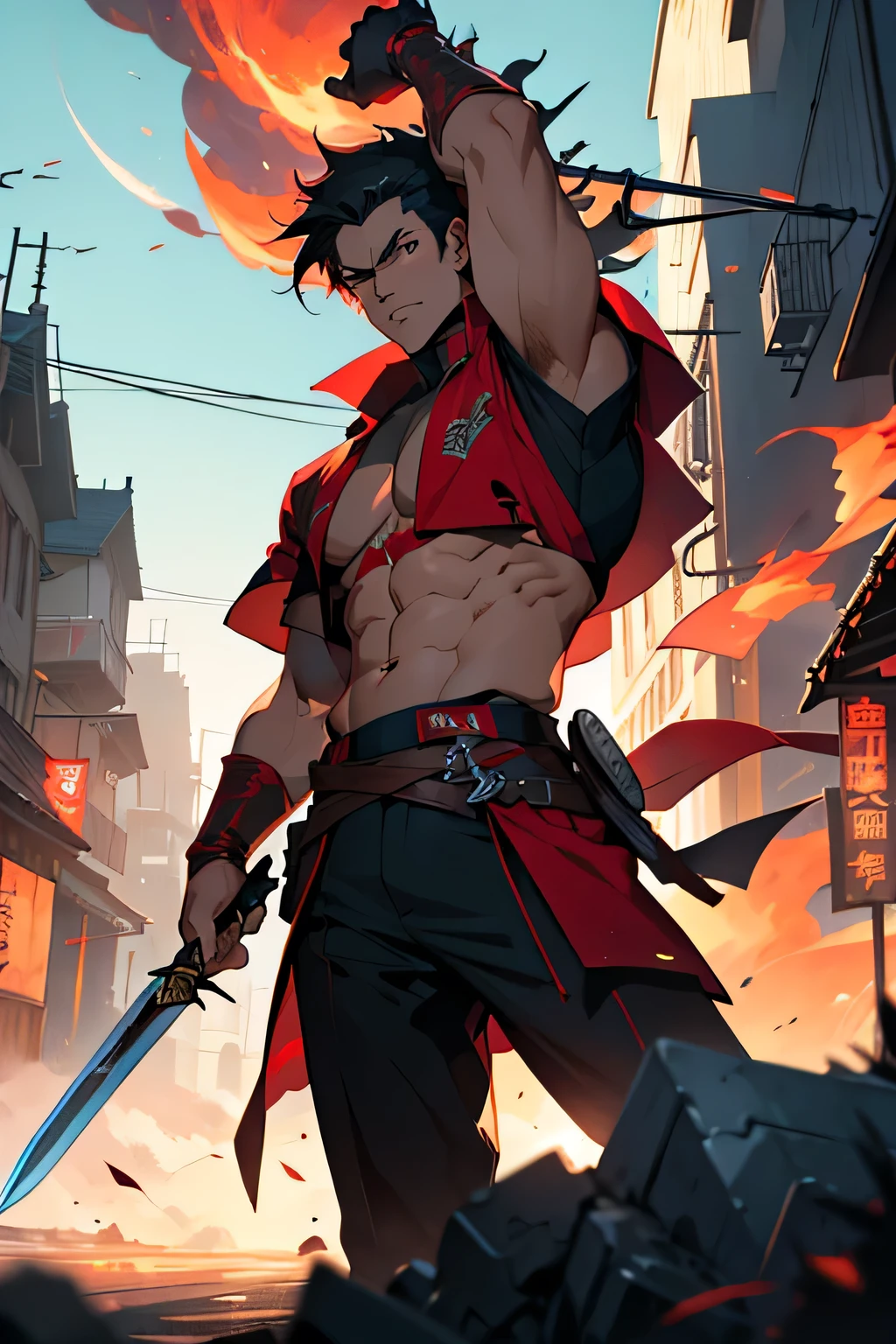 score up_9,score up_8,score up_7,source_アニメ,retro,masterpiece,best quality,super fine illustration,super detailed,8k,red mantle,holding_sword,male,cool cool cool,sharp eyes,8k,BREAK Bar,detailed background,