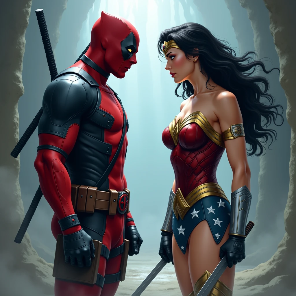 deadpool and wonder woman like a porn, detailed illustration, cinematic, coming out of a thick fog, facing the camera, highly detailed, hyper-realistic, 8k, masterpiece, professional, vivid colors, dramatic lighting, comic book style, intense expression, powerful pose, muscular body, wearing red and black costume, swords on back, gritty, moody, atmospheric.