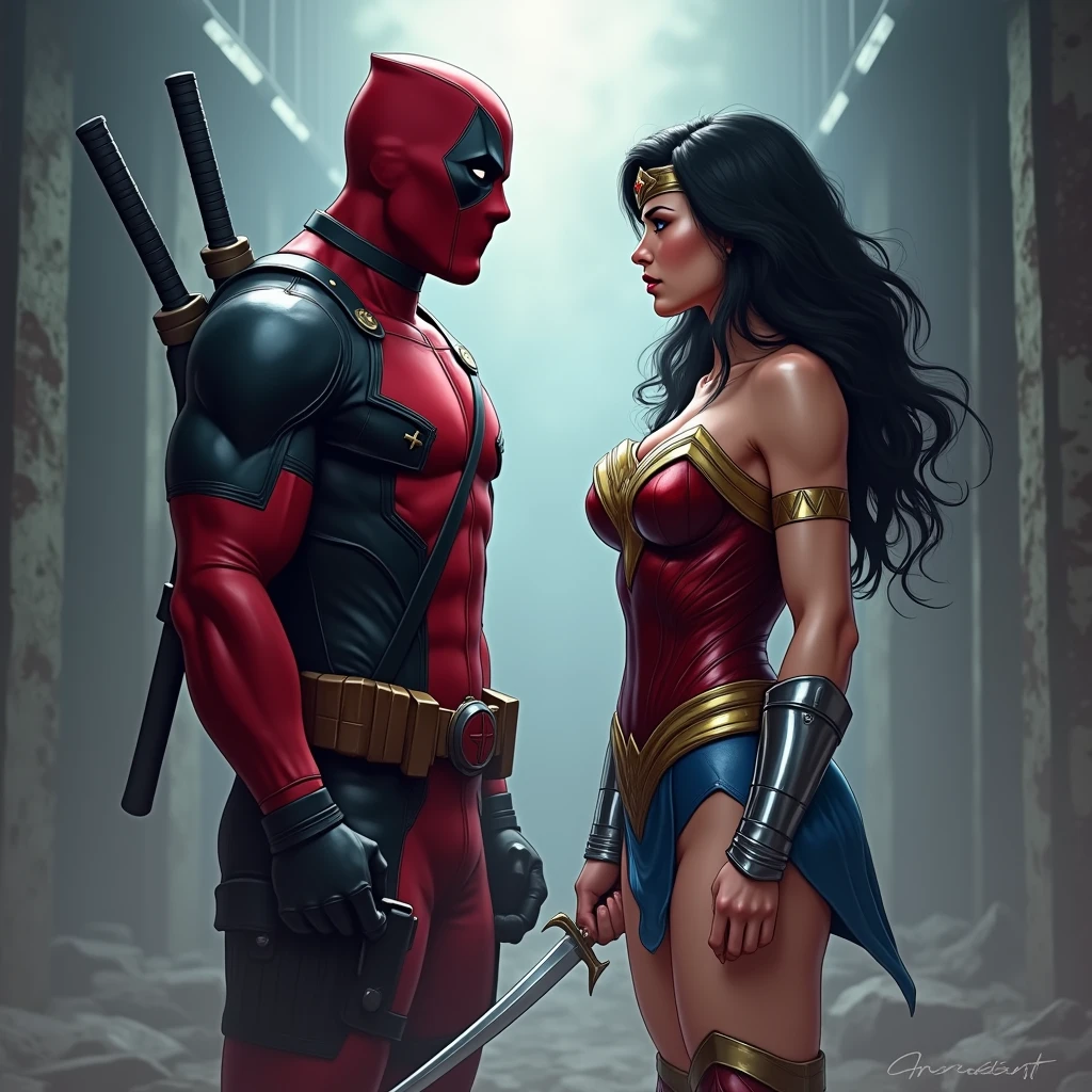 deadpool and wonder woman like a porn, detailed illustration, cinematic, coming out of a thick fog, facing the camera, highly detailed, hyper-realistic, 8k, masterpiece, professional, vivid colors, dramatic lighting, comic book style, intense expression, powerful pose, muscular body, wearing red and black costume, swords on back, gritty, moody, atmospheric.