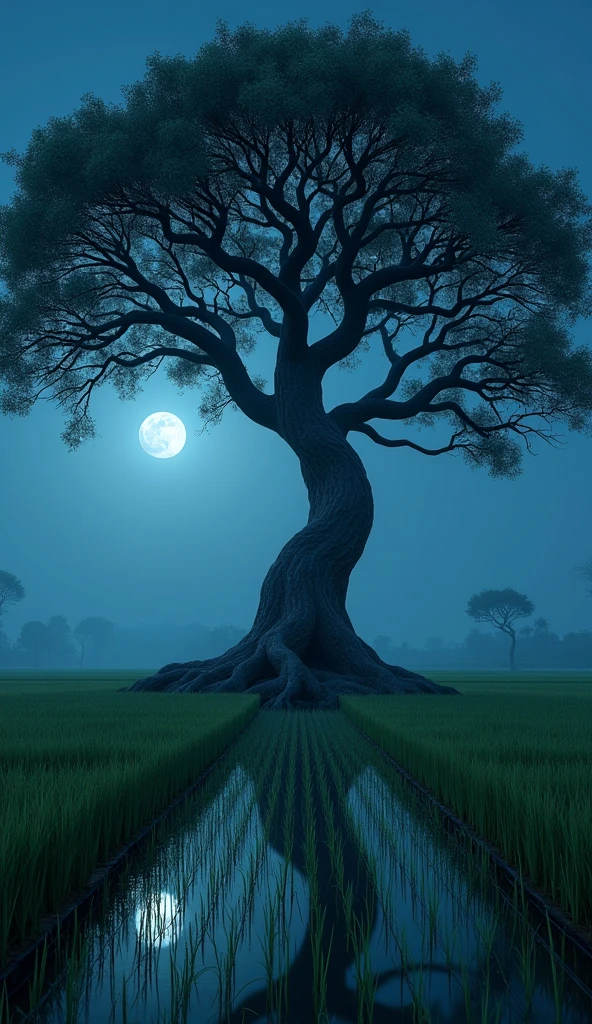 A tree middle of the paddy field. Night view. Paddy field.