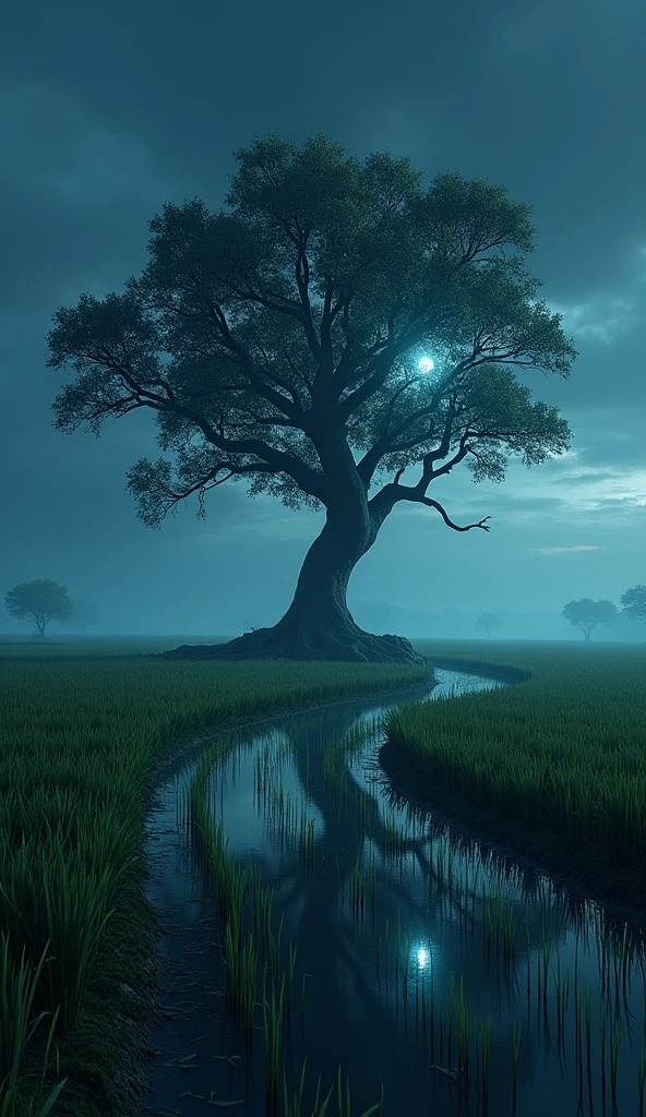 A tree middle of the paddy field. Night view. Paddy field.