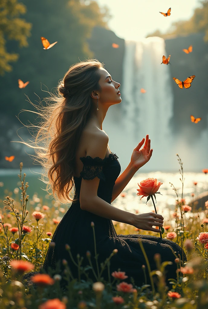 double exposure, splash art,(Photorealism:1.2), high quality, 8K Ultra HD, A cinematic masterpiece unfolds: on a sunny day at a waterfall with flowers and butterflies. A beautiful woman with long wavy floating hair knees on a serene meadow,  smiling softly as she holds a delicate rose in her hand. she wears a black floating wavy lace dress. Everything in the scene begins to fade away, dissolving into dust, including the woman herself, the rose, the waterfall, the butterflies, symbolizing the ephemeral nature of life. The dust swirls gently in the breeze, reminding us that nothing can last forever. The image captures a poignant moment with intricate details, soft lighting, and a melancholic atmosphere. Rendered in 32k ultra-high definition, the dynamic lighting enhances the realism, creating a hauntingly beautiful scene.The image captures an epic cinematic scene, brilliantly detailed with intricate elements and dramatic atmospheric lighting. Rendered in 32k ultra-high definition, dynamic lighting casts hard shadows, achieving exquisite realism. The scene blends realistic, intricate details with cold colors, creating a somber atmosphere. Captured with a 50mm lens at f/2.8 for optimal depth of field, the result is an extremely realistic, photo-realistic illustration with enhanced, dark, and cinematic lighting.