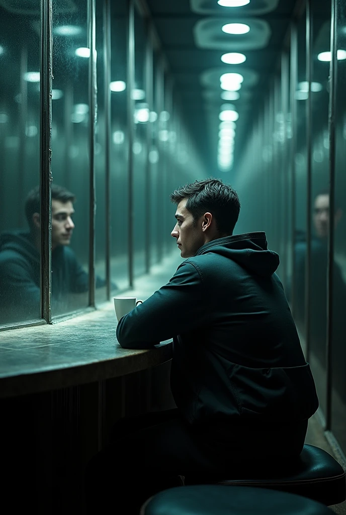 SCENE 1: Introduction Image: A man sitting in a bar, surrounded by infinite mirrors that reflect its image in multiple directions.