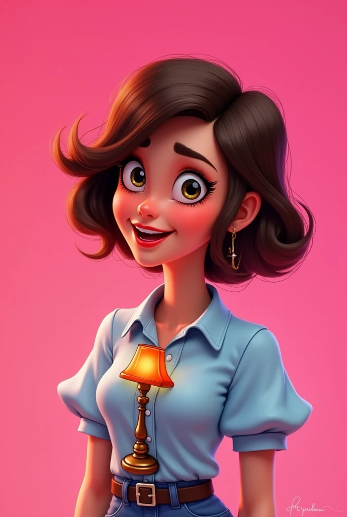 animation character, Brunetette, with a lively lamp blouse, pink back ground
