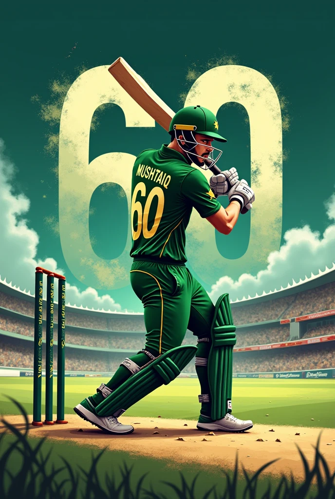 writing mushtaq name written name 60 on the pakistan tshat the circket plar bedman going to beating back side