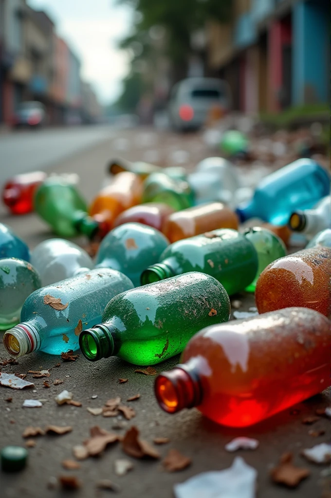 Realistic photo, bottles of plastic and glass, different colours, in street garbage, Brazil