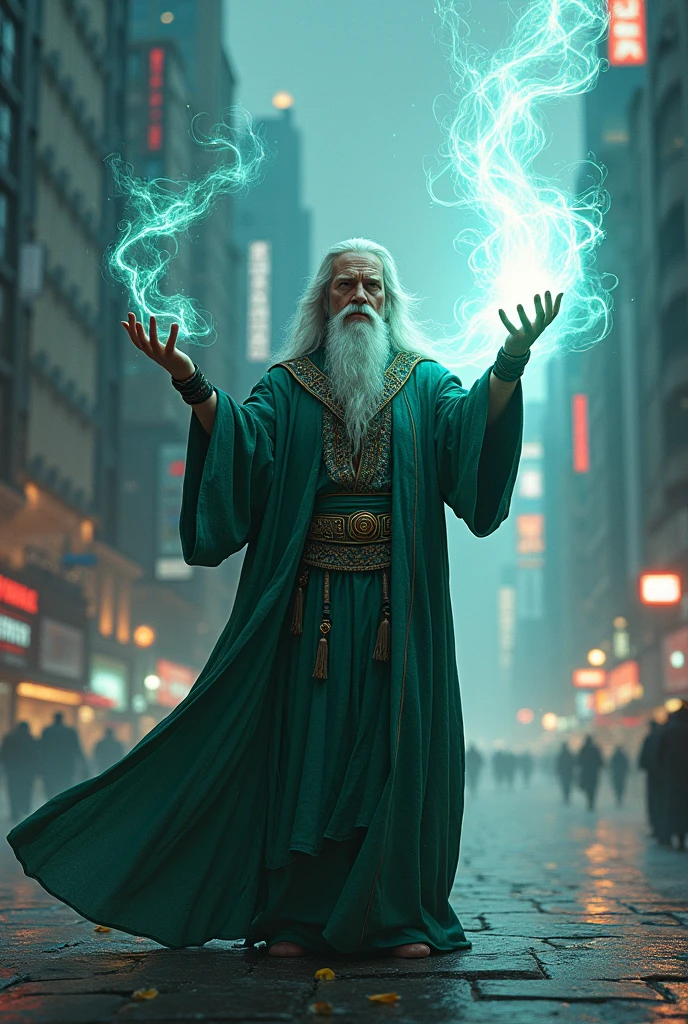 A wizard in a city, casting a spell, with a close-up capturing the harmonious beauty between its spell and the city, showing natural power and personality.