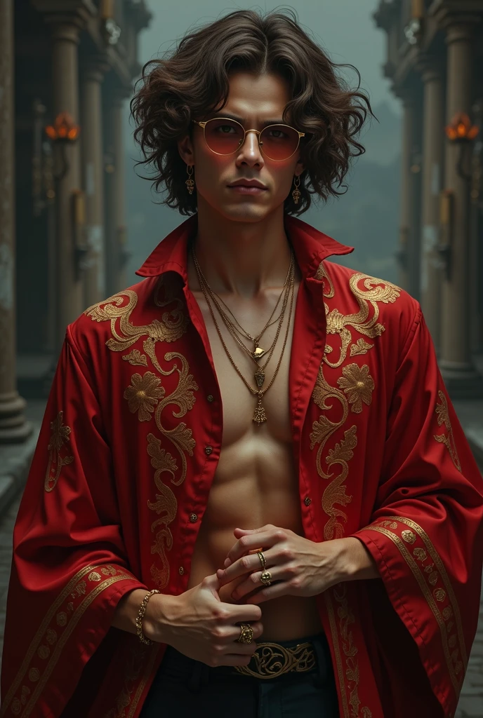 Dark brown long hair fluffy and curly, amber colored eyes, A tanned young man, Clean-shaven face, red blouse with wide sleeves and gold patterns, tight pants, стилистика dark fantasy. gold jewelry, rings, glasses with dark lenses.