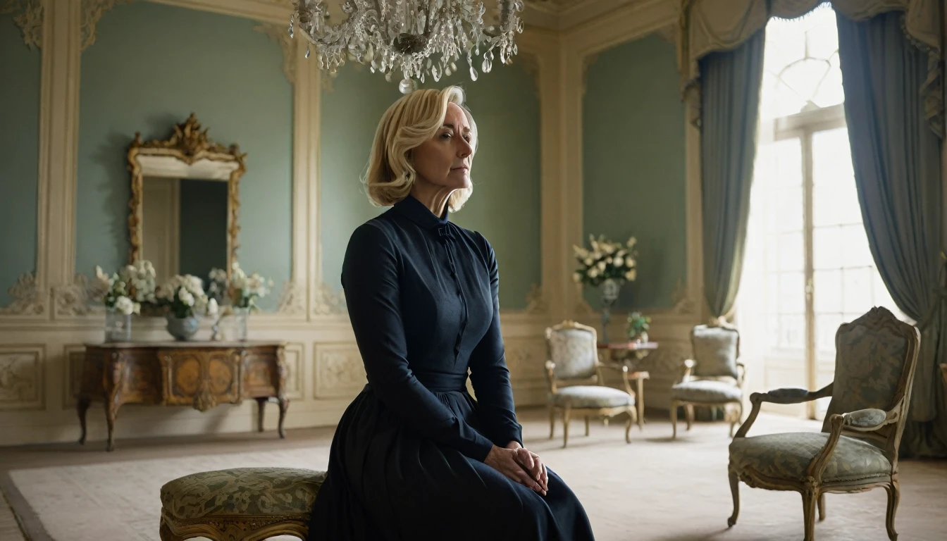 "A somber, middle-aged, blonde woman sitting alone in a beautiful designed room, her shoulders slightly hunched.