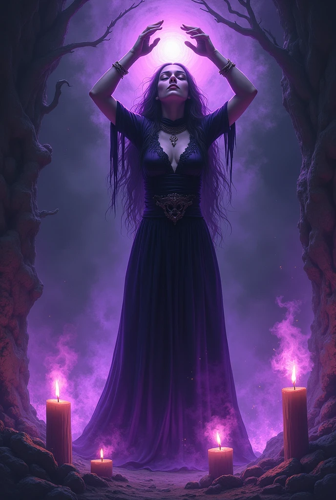 Create a lineart illustration Scenario:Hellen Rising After the Ritual: Capture Hellen rising from the ground, feeling the energetic vibration lift her body. She may be looking up, eyes closed, as if absorbing the power of the realm of the dead, while the purple flames of the candles flicker around her. The aura of dark power should be palpable.