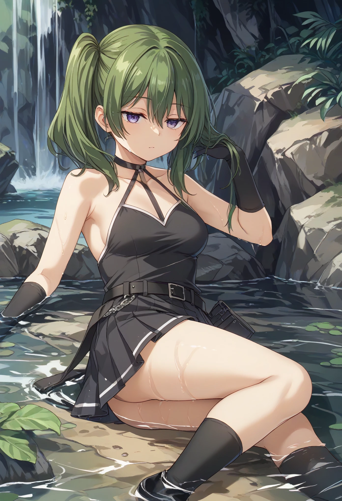 score_9, score_8_up, score_7_up, score_6_up, score_5_up, score_4_up, source_anime, 4k resolution, highest quality, 1girl, medium breasts, thin body, beautiful, Comistyle, ubel,green hair, bangs,hair between eyes,side ponytail, purple eyes,black choker, collarbone, sleeveless, black dress,sleeveless dress, halterneck,pleated skirt, black gloves,belt,black footwear,half-closed eyes, cave, waterfall, wet hair, lying on side