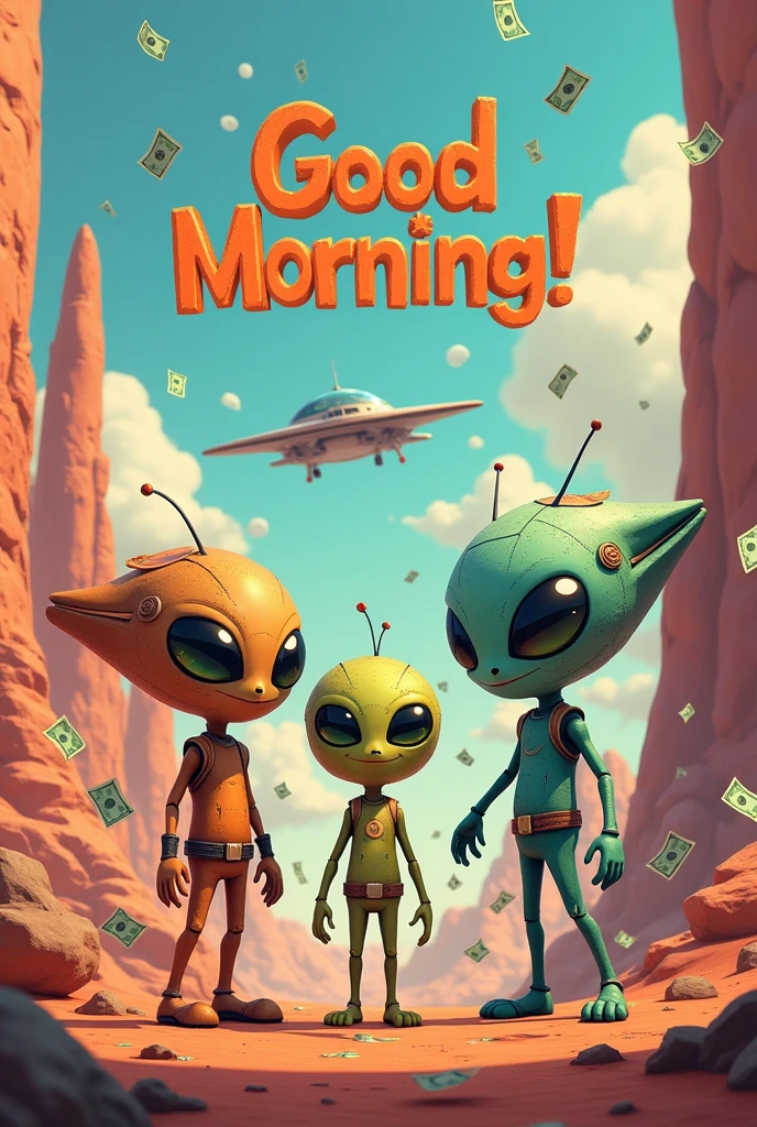 Image that says: good morning! With adult Martians, Flying ships and falling money bills 