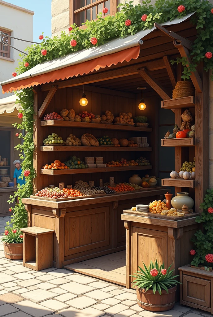 Create an empty market stand with shelves for products