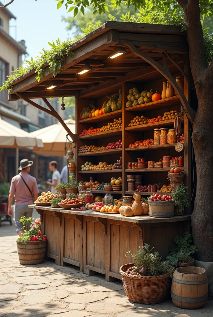Create an empty market stand with shelves for products