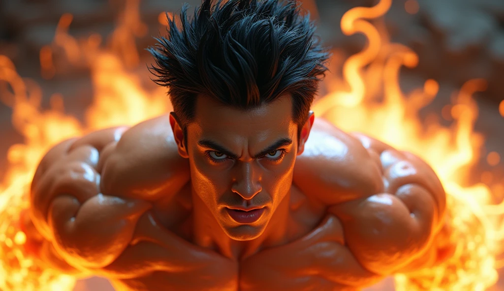 a powerful muscular man with spiky black hair,extremely detailed face and body,beautiful detailed eyes,beautiful detailed lips,extremely detailed hair and face,longeyelashes,dynamic pose,powerful aura,glowing energy around his body,dramatic lighting,cinematic composition,ultra-detailed,realistic,photorealistic,photo-realistic:1.37,masterpiece:1.2,best quality,8k,hyperrealistic,highly detailed,studio lighting,hyper detailed face,ultra-detailed body anatomy,dynamic action pose,intense dramatic lighting,epic fantasy art,dramatic sci-fi art,cinematic dramatic lighting