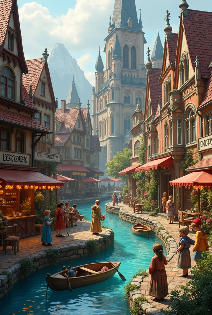 Small town Eastern European style, full of colorful statues of children playing . Small streams along the city with boats and kiosks around. Illuminated city with a Victorian museum in the city center next to a Gothic church