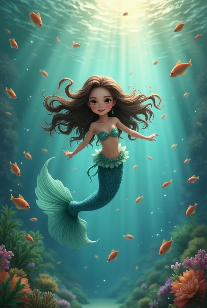 an image of a 4 year old mermaid with brown hair, a bit of eastern descent, natation in water with fishes
