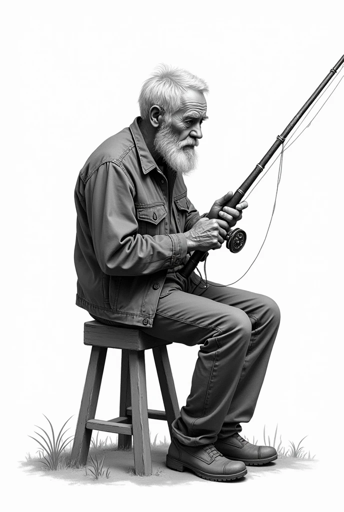 Drawing of a grandpa sitting on a stool holding a fishing rod with a transparent background