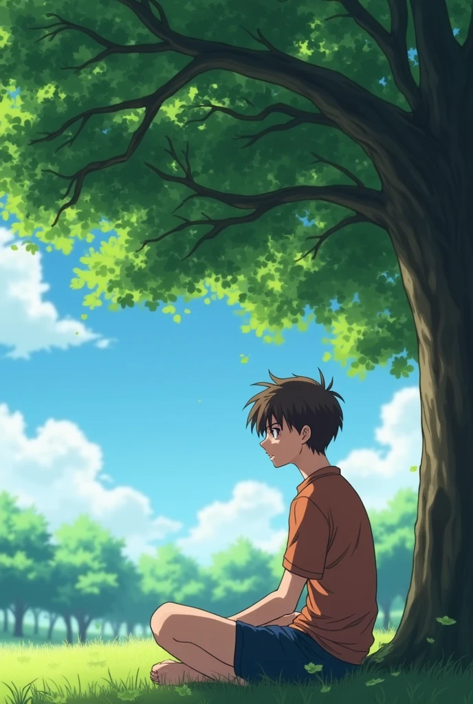 An anime boy of seventeen years old, with brown hair, sits under a tree in the shade. Beads of sweat are dripping from him because he was running in physical education class.