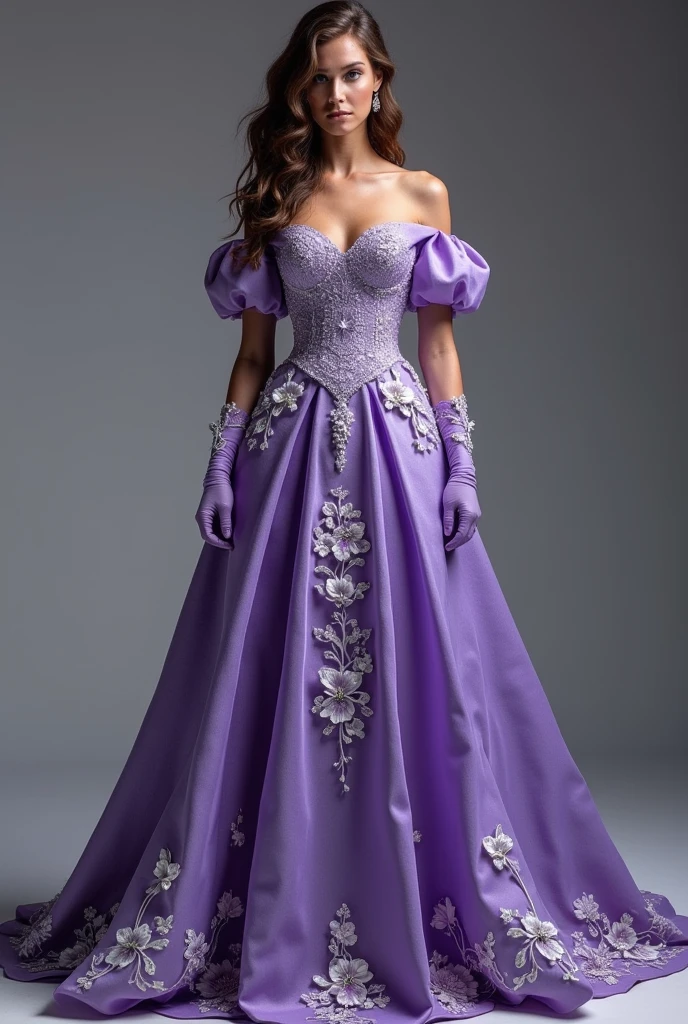 a long purple dress.with many details in it, open in front, and with sleeves.short and puffy, with white crystal details and white flower designs, wearing purple gloves with silver flower root details, a brunette person with brown wavy hair wearing it from the front