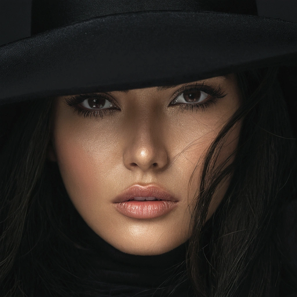 UHD precised 1:1 8K digital copy of a arafed woman with a black hat and long hair, close - up portrait shot, portrait of a beautiful model, close up portrait shot, fine details portrait, sultry expression, stunning face, detailed beauty portrait, close up portrait, stunning portrait, beauty portrait, full close-up portrait, close-up portrait, close - up portrait
