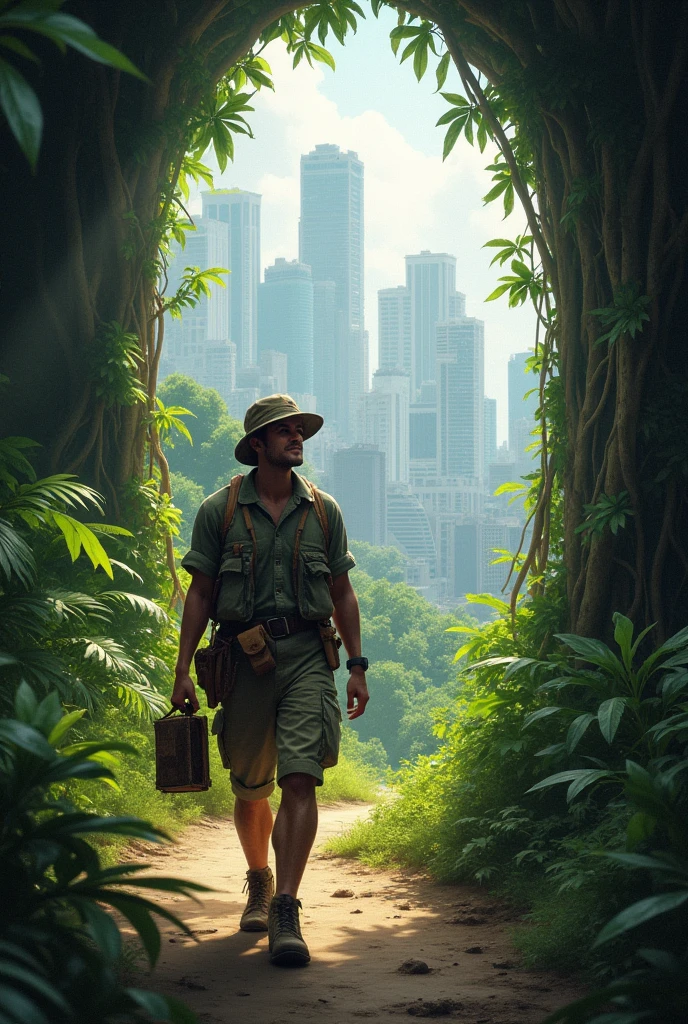 "The archaeologist, now back in the modern world, holding a worn notebook filled with notes, walking away from the entrance of the jungle with a content smile, the city’s treasures left behind."