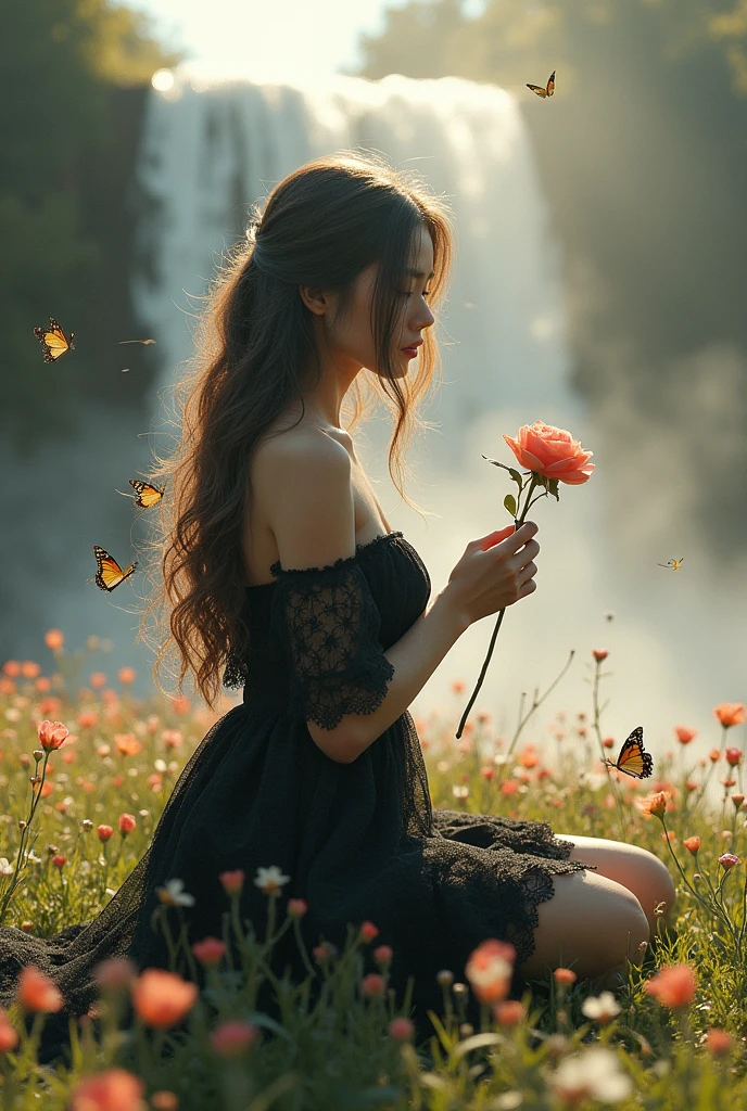 double exposure, splash art,(Photorealism:1.2), high quality, 8K Ultra HD, A cinematic masterpiece unfolds: on a sunny day at a waterfall with flowers and butterflies. A beautiful woman with long wavy floating hair knees on a serene meadow,  smiling softly as she holds a delicate rose in her hand. she wears a black floating wavy lace dress. Everything in the scene begins to fade away, dissolving into dust, including the woman herself, the rose, the waterfall, the butterflies, symbolizing the ephemeral nature of life. The dust swirls gently in the breeze, reminding us that nothing can last forever. The image captures a poignant moment with intricate details, soft lighting, and a melancholic atmosphere. Rendered in 32k ultra-high definition, the dynamic lighting enhances the realism, creating a hauntingly beautiful scene.The image captures an epic cinematic scene, brilliantly detailed with intricate elements and dramatic atmospheric lighting. Rendered in 32k ultra-high definition, dynamic lighting casts hard shadows, achieving exquisite realism. The scene blends realistic, intricate details with cold colors, creating a somber atmosphere. Captured with a 50mm lens at f/2.8 for optimal depth of field, the result is an extremely realistic, photo-realistic illustration with enhanced, dark, and cinematic lighting.