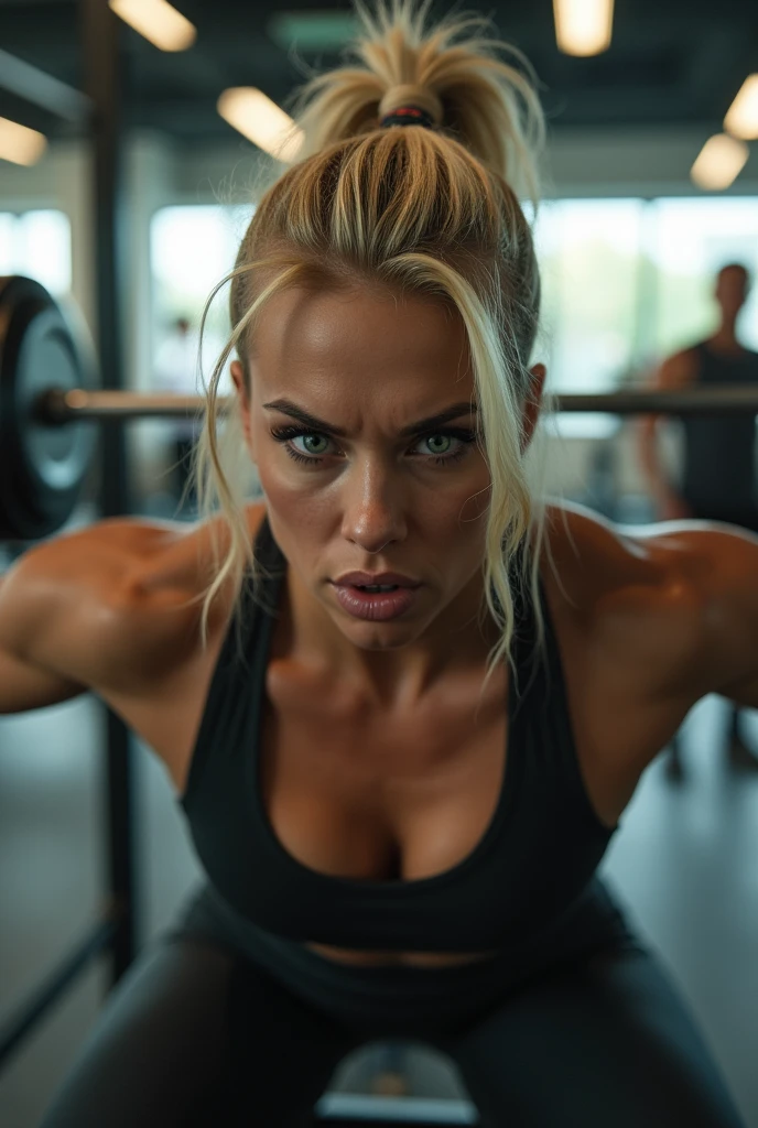 (((best qualityer))), highly detailed, high resolution. 25 year old female, blondie hair, clear green eyes, fleshy lips, heavy make-up, "Realistic fitness woman doing bench press in a modern gym. with people in the background, Hair tied in a ponytail., She wears tight black sportswear and displays correct posture while training intensely... detail with closed mouth and angry face